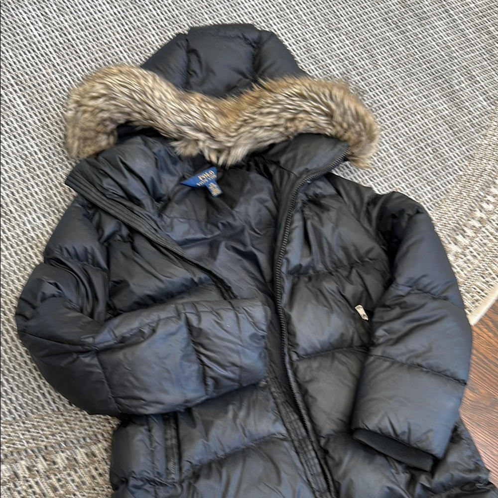 Ralph Lauren Kids Black Puffer Jacket with Faux Fur Trim